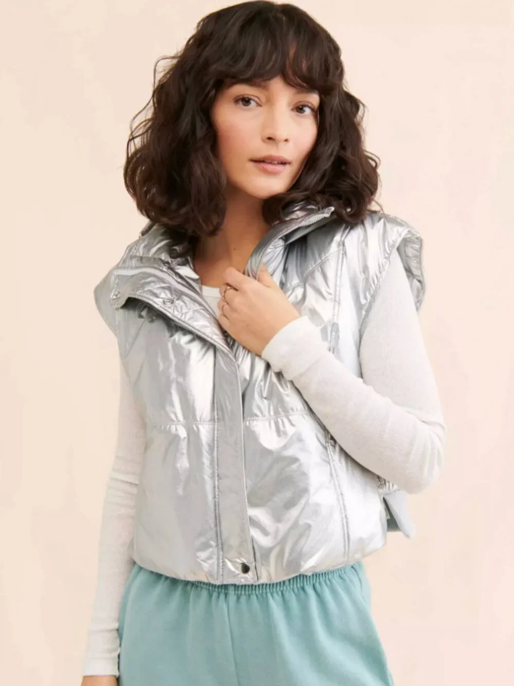 Daily Practice Anthropologie NWT Metallic Silver Hooded Puffer Vest Pockets, S